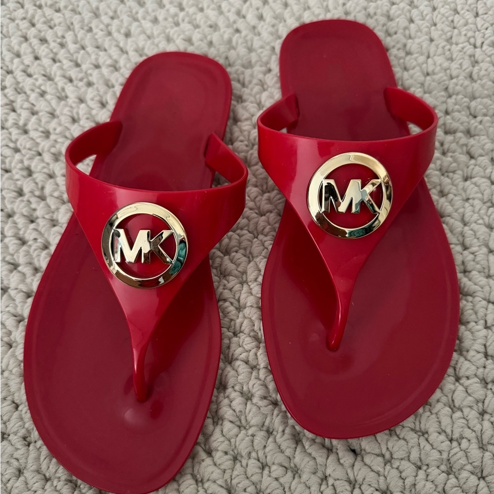 Michael Kors Red Flip Flops with Gold Emblem